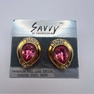 Vintage New Old Stock Savvy by Swarovski Chunky Gold Tone & Crystal Earrings